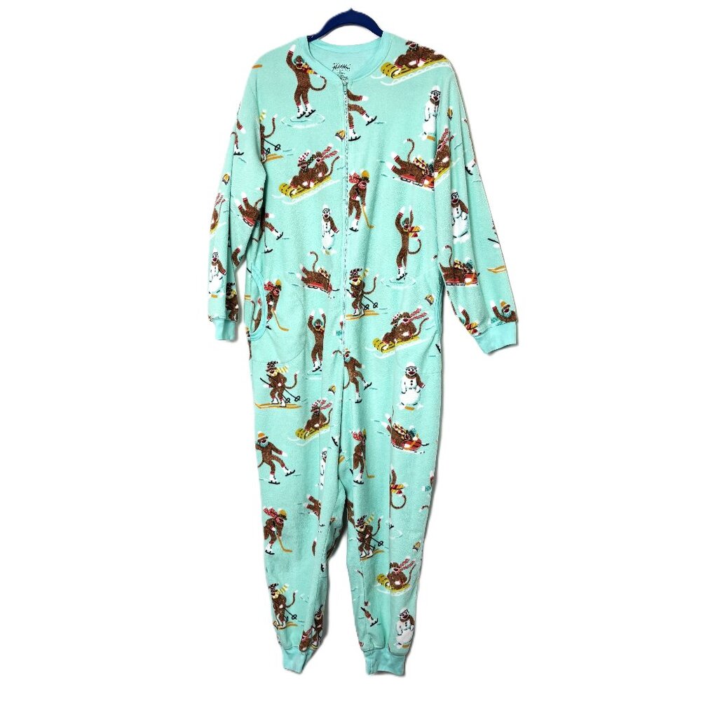 Nick & Nora Sock Monkey Teal One Piece Pajama Unisex Size XXL